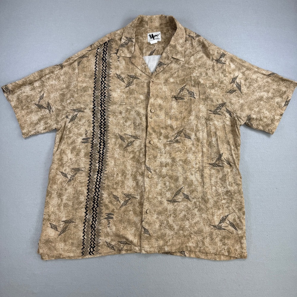 Vintage Mamo Howell Shirt Mens 2XL Tan Hawaiian Camp Tribal Print Aloha USA